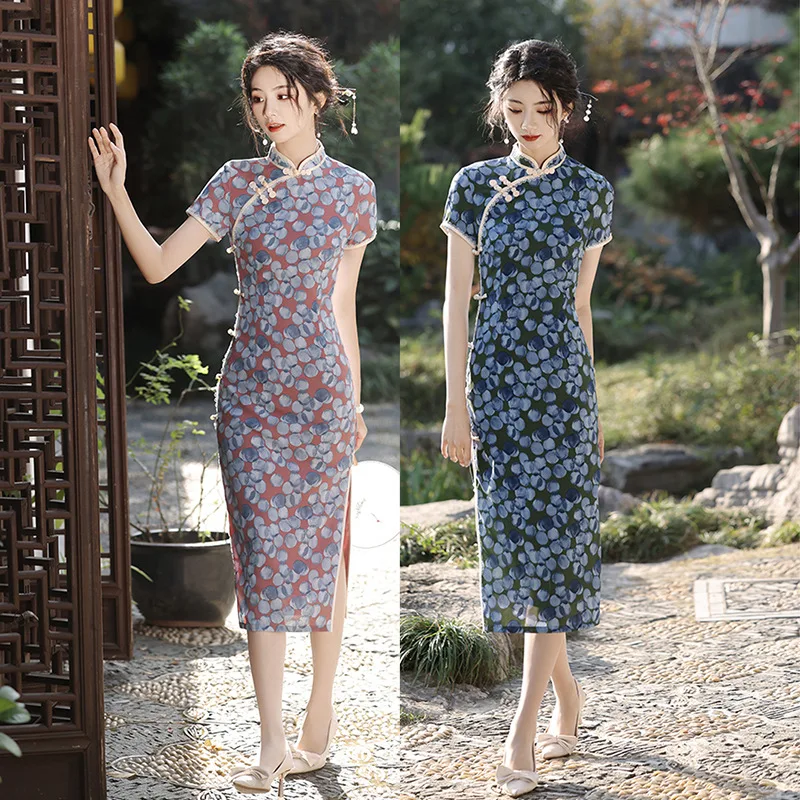 

Sexy Short Sleeve Slim Split Qipao Chinese Style Evening Party Gown Dress Women Elegant Long Cheongsam