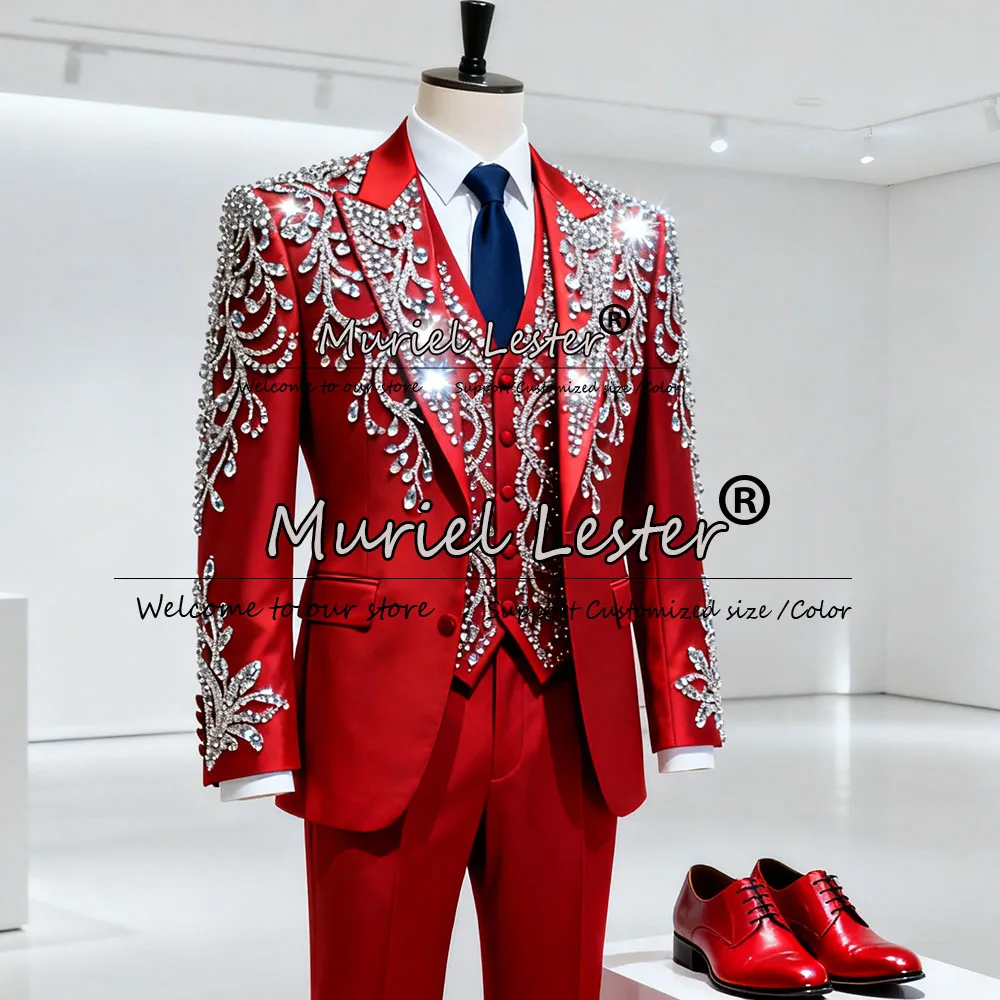 Exclusivo diamante pedras ternos masculino 3 peças conjuntos frisado baile de formatura blazers roupas personalizado noivo casamento smoking trajes para hombre