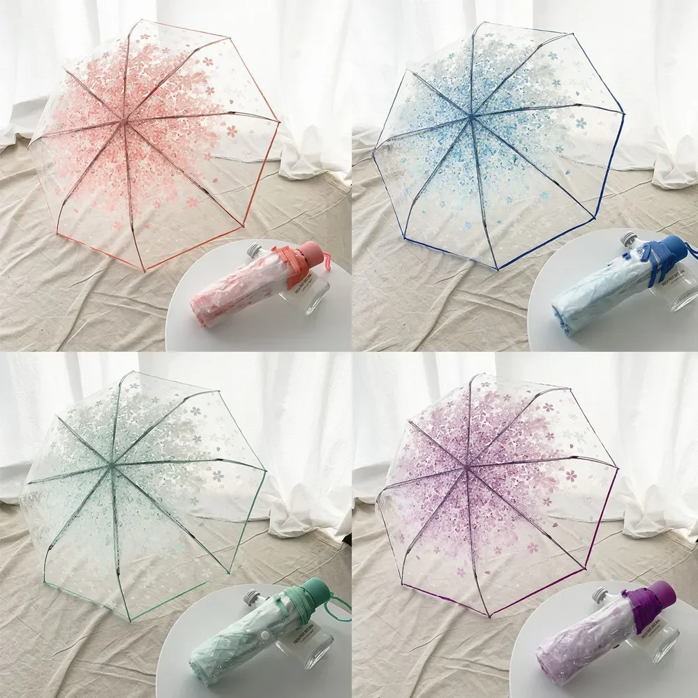 Japanese INS Aesthetics Small Fresh Transparent Sakura Petal Umbrella 8-bone 3-fold Manual Rain Umbrella for Girls Kids Travel