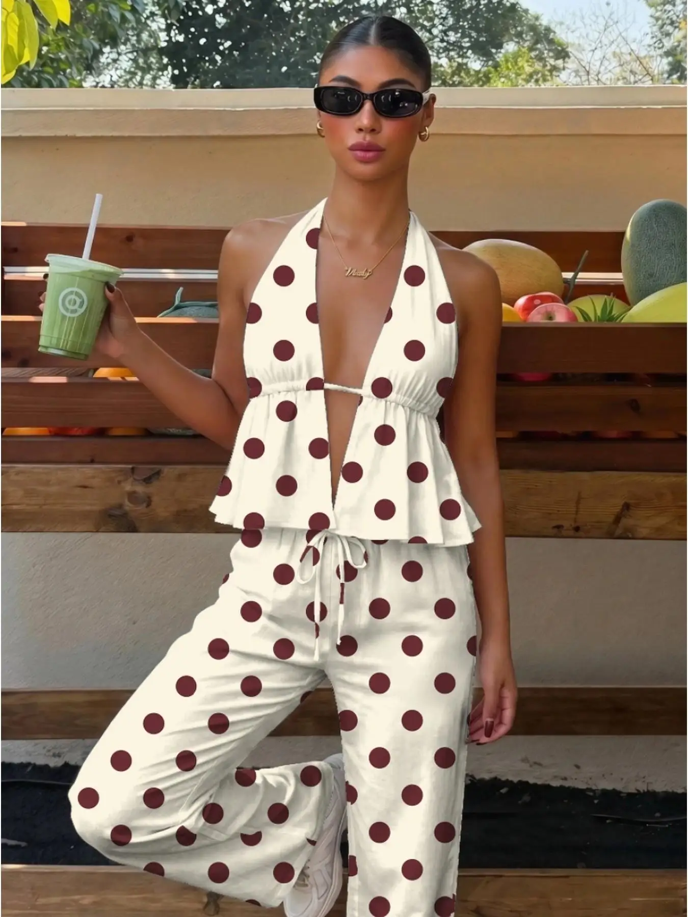 Vintage Large Dot Halter Top with Frill & Drawstring Wide Leg Pants Set Y2K Boho Style Open Back Peplum Ruffle Hem Elastic High view 3