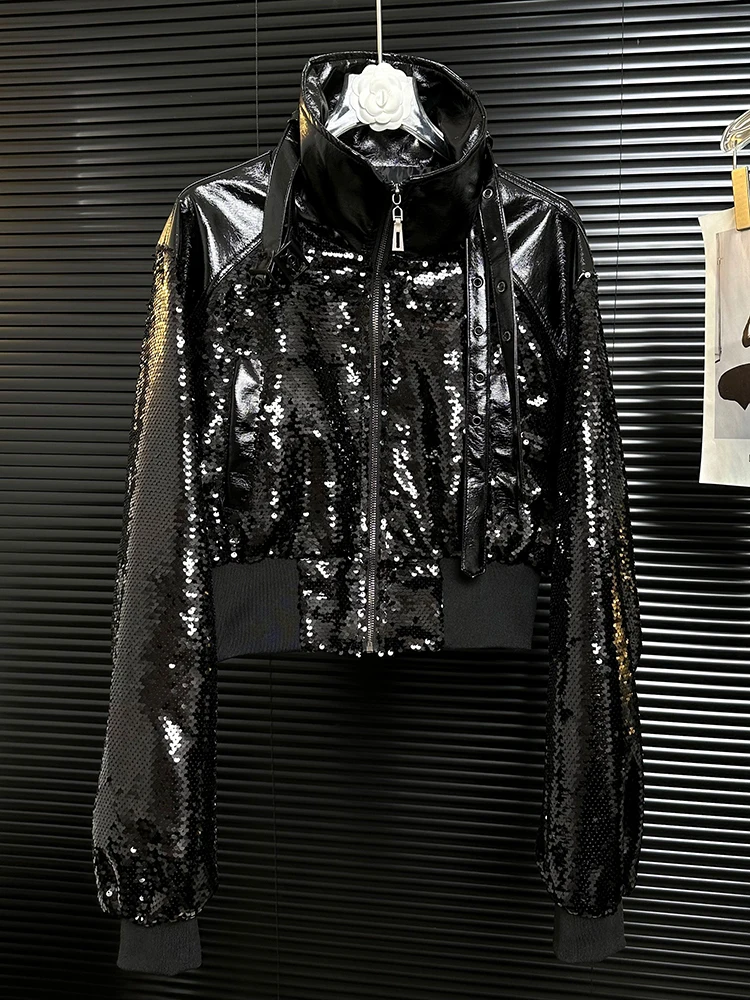 Heavy industry blingbling sequin lace up spliced leather short jacket women's spring and autumn temperament fashion jacket