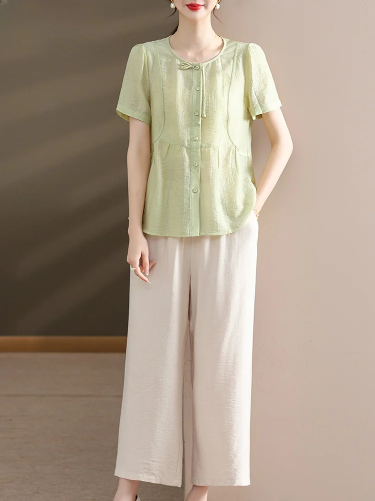 

Новый летний комплект в китайском стиле: хлопково-льняная рубашка для мам с коротким рукавом и модные свободные брюки 7/8 для женщин