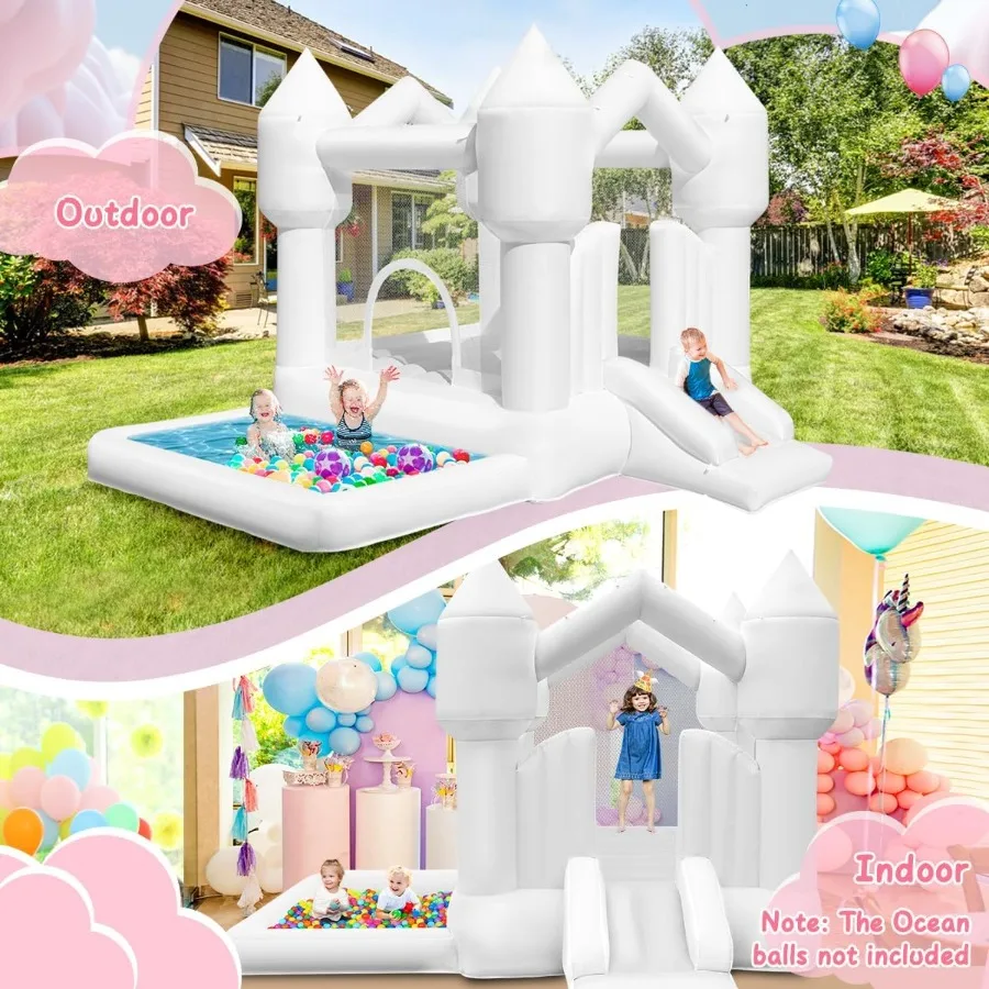 Casa de rebote inflable para casa de rebote blanca con tobogán, castillo inflable para saltar, para fiesta de cumpleaños, boda, patio trasero, exterior interior