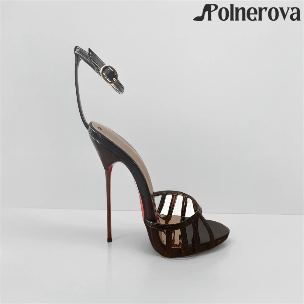 

Ultra Thin Metal Stiletto Sandals 14cm or 16cm Strappy High Heeled Summer Shoes Black Leather Open Toe Ankle Strap Women Sandals