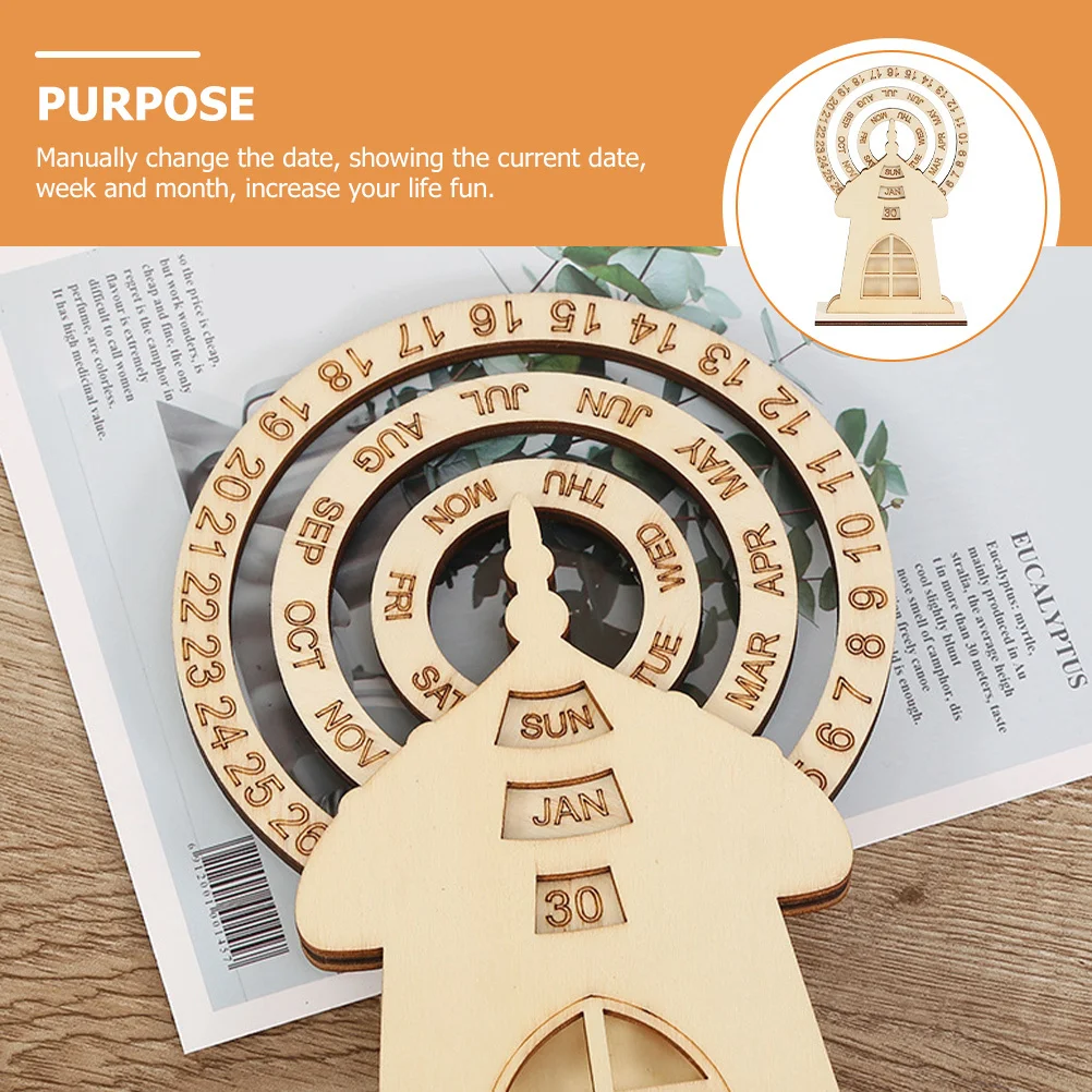 

Desktop Wooden Perpetual Calendar Ferris Wheel Shaped Stylish Date Week Month Display Home Office Living Room Bedroom Decor