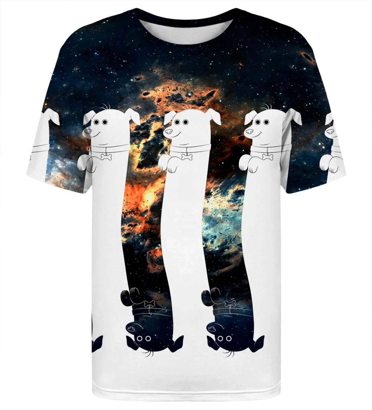 Fun Cartoon Dog Mirror Reflection T-shirt Featuring Cosmic Galaxies Nebulae Humorous Emoji Print Short-sleeved Crew Neck T-shirt