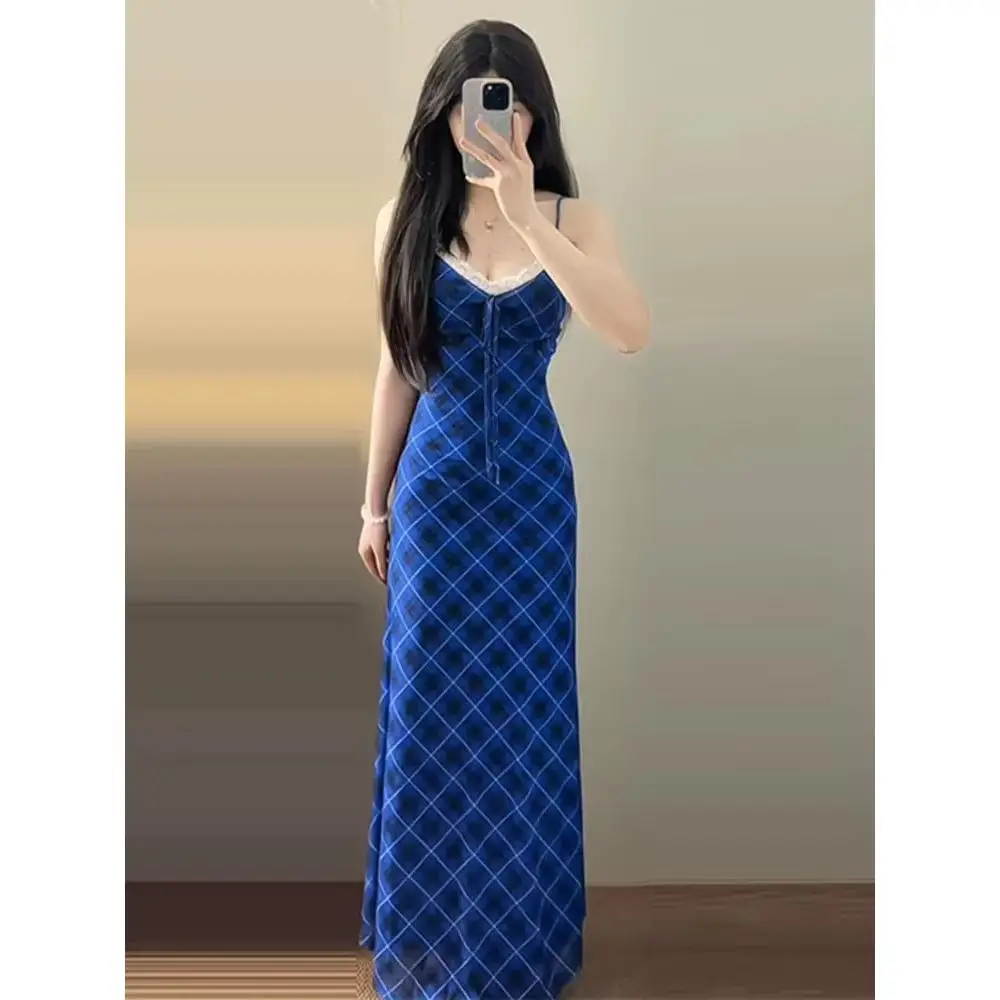 Impresionante Vestido Largo sin Tirantes con Estampado a Cuadros Azul Klein para Mujer, Verano 2026, Nuevo Estilo Coreano Dulce y Picante con Cintura Ajustada