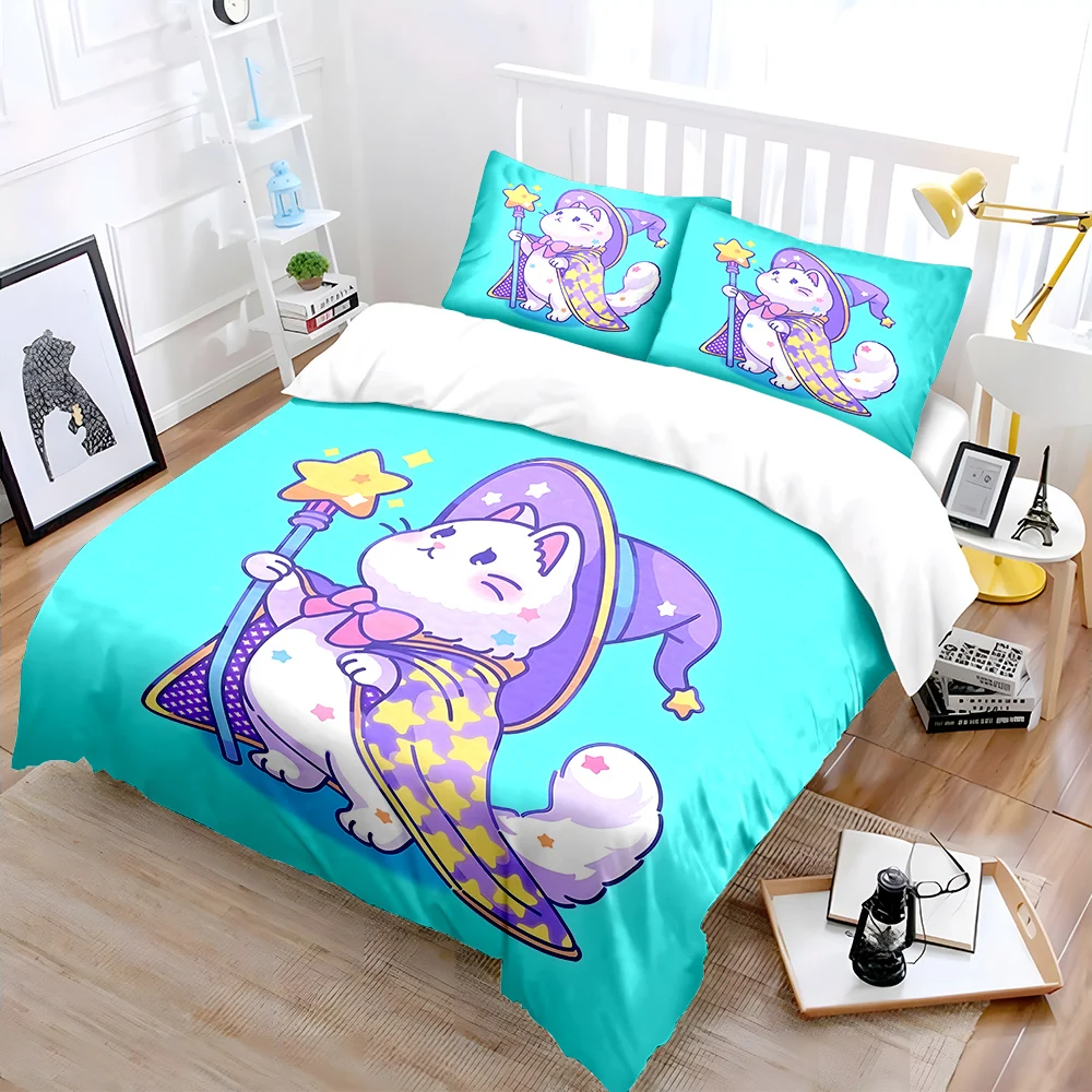Magical cat holding star wand Pattern Duvet Cover Set Digital Print Colorful Polyester Bedding with Zipper Closur for kids gifts