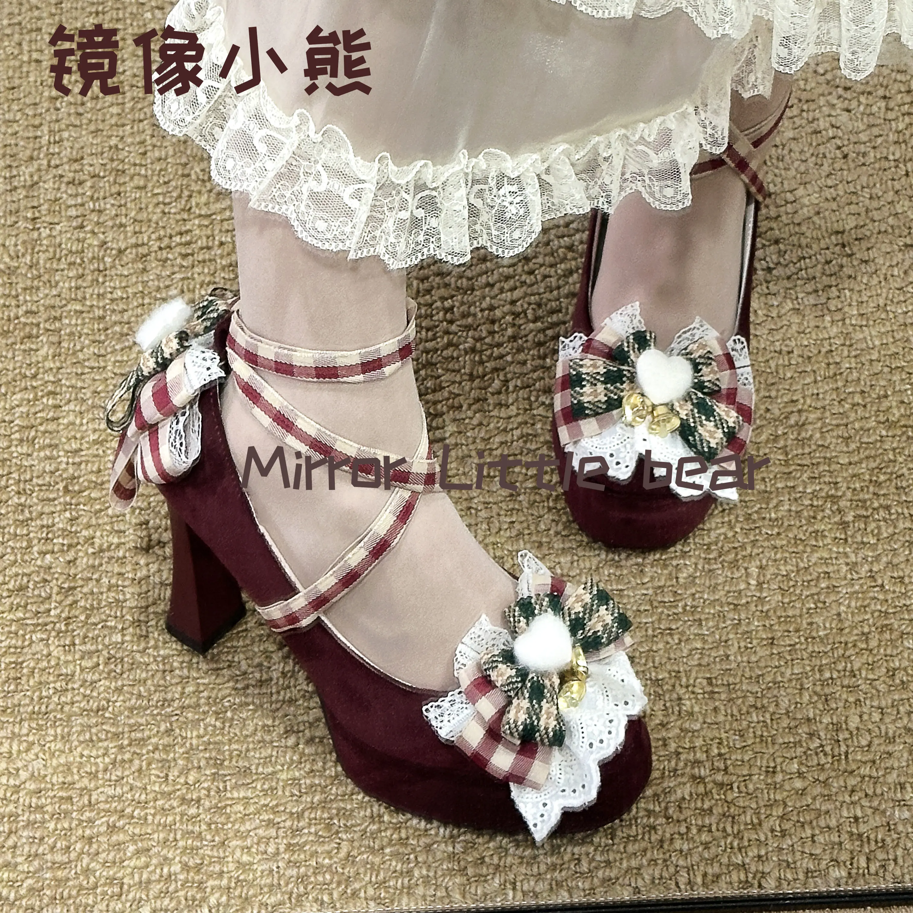 

Sweet Lolita Platform Mary Jane Heels Plaid Bow Lace Pom Pom Chunky High Heel Pumps For Women Cute Girl High Heels