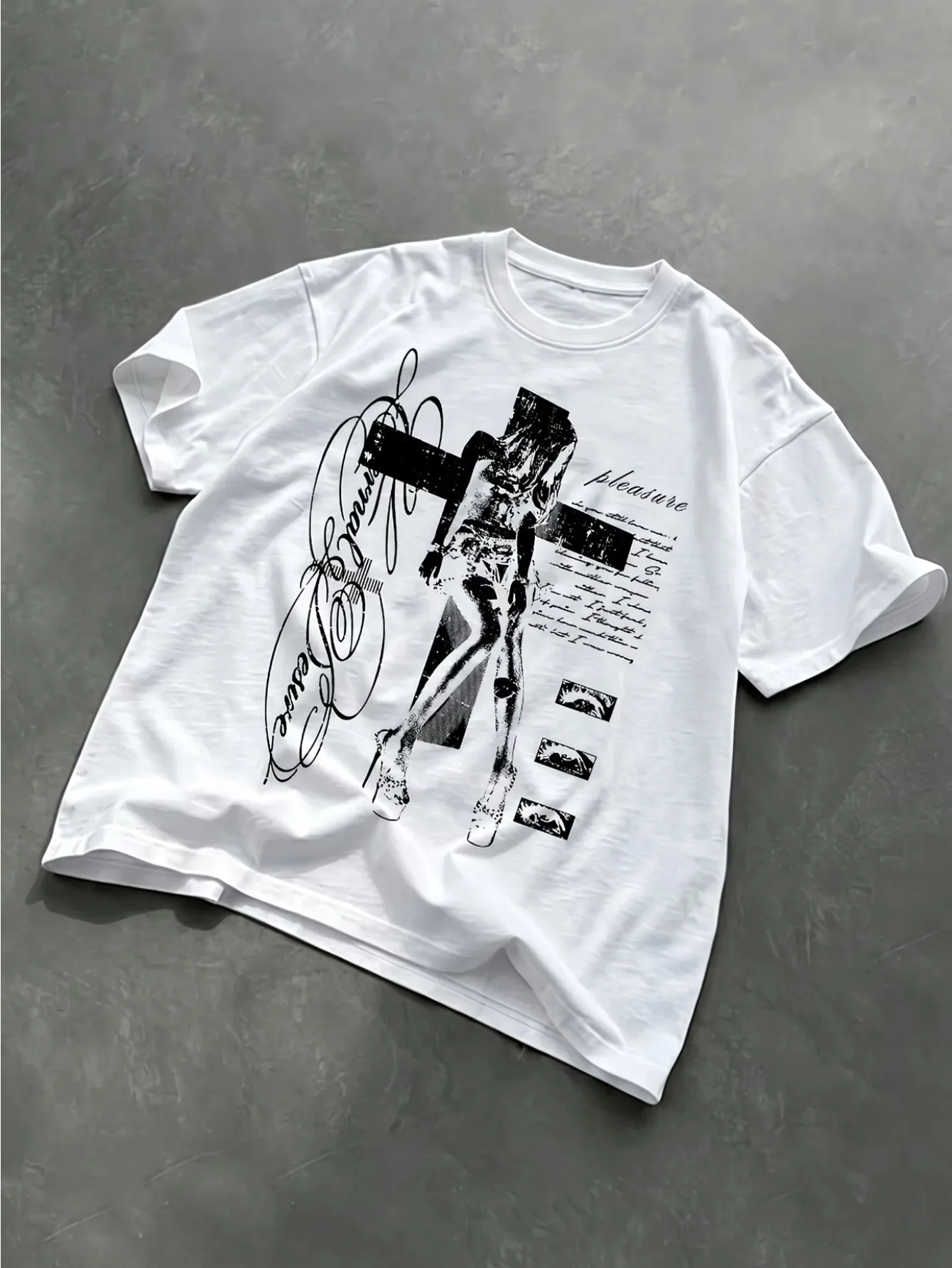 Unisex Women'S Round Neck Vintage Distressed Cross Crucifix Portrait Floral English Print T-Shirt, Retro Subculture Tee