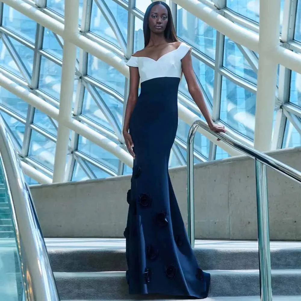 

Formal Woman Ceremony Dresses Satin Mermaid/Trumpet Evening Dress Black and White Off-the-shoulder 3 D flowers Prom Dresses Long