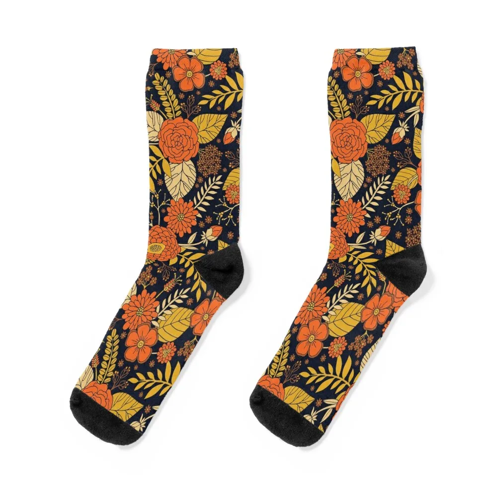 Retro Orange, Yellow, Brown, & Navy Floral Pattern Socks custom with print short Mens Socks Women's