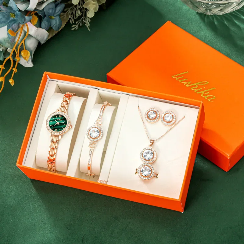 

5PCS Luxury Women Quartz Watch Set Crystal Design Bracelet Necklace Watch Sets Female Jewelry Fashion Silver Elegant Ladies Gift