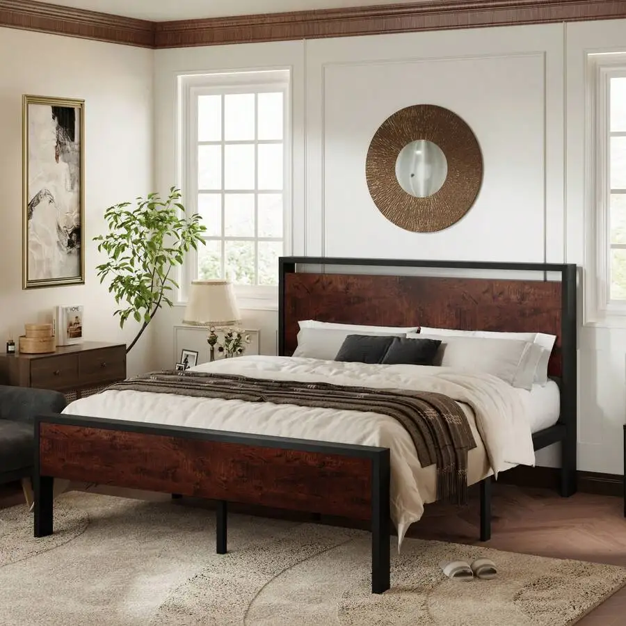 Heavy-Duty Platform Bed Frame With Wooden Headboard And Footboard – Twin/Full/Queen/King Size, 12 Metal Slats For Support, No Box Spring Required, Under-Bed Storage, Non-Slip & Noise-Free, Easy Assembly In Mahogany