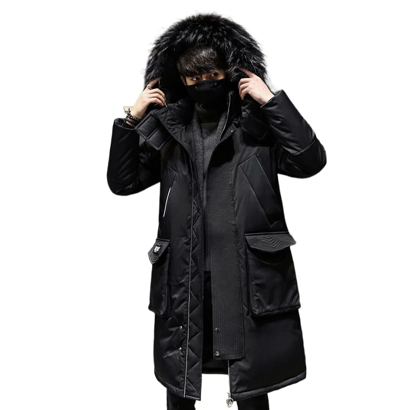 

Зимняя пуховая хлопковая одежда, мужская средняя и длинная куртка с меховым воротником, утолщенная длинная молодежная куртка выше колена, красивая модная корейская версия