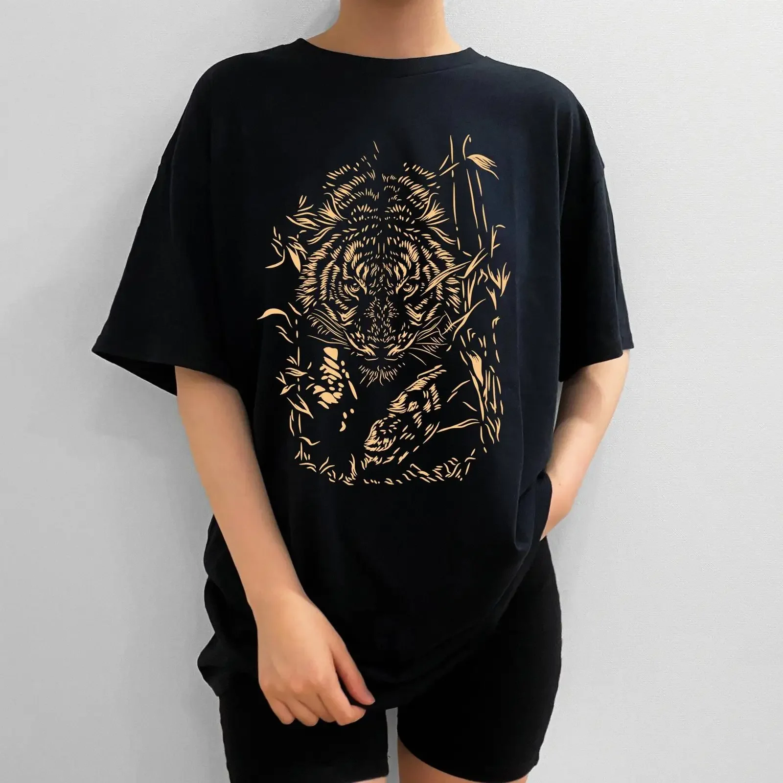 Crouching Tiger T Shirt Lover s Cool For Her or Him Oversized Handmade vintage Washed Versatile Comfortable Breathable graphic