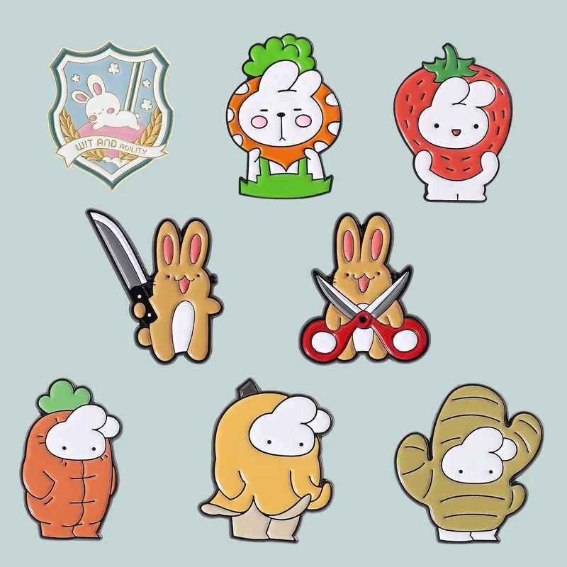 8pcs Cute Funny Rabbit Enamel Pin Set Scissors & Vegetable Costume Brooches for Backpack Clothing Jewelry ﻿