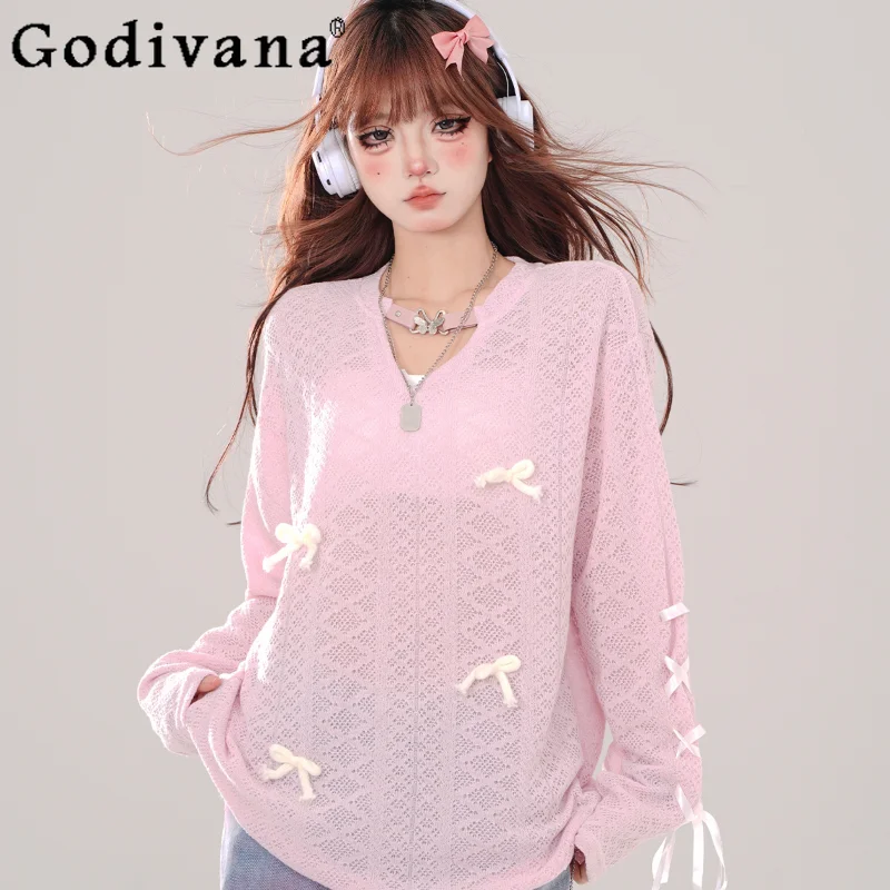 2024 Girl Sweet Cute Pink Thin Knited Pullover Women Aesthetic Bow Loose Slim Long Sleeves Y2k Top Summer Student Kawaii Sweater