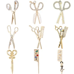 Enamel Scissor Comb Pins for Women Unisex Rhinestone Tool Brooches Office Party Friend Gifts Jewelry Accessories