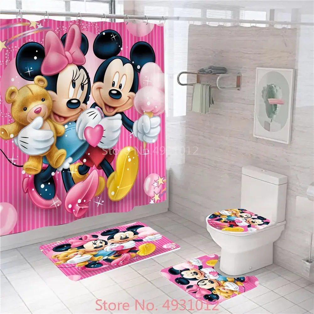 Anime Mickey Minnie Mouse Bathroom Non-slip Mat Set Waterproof Funny Kids Shower Curtain Pedestal Toilet Cover Bath Rug