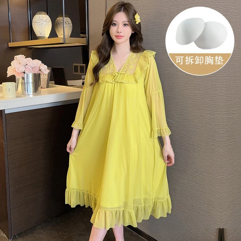 2024 Autumn Long Sleeve Sexy Lace V-neck Cotton Nightgowns for Women Korean Cute Sleepwear Night Dress Nightdress Home Nighty