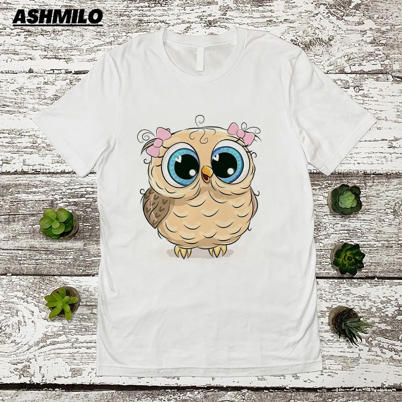 

Owl Print Cartoon T-shirt,Casual Short Sleeve Crew Neck Top For Spring & Summer, Women's Clothing