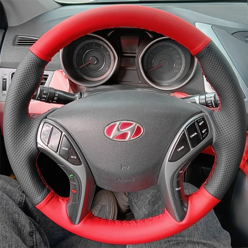 Hand-Stitched Non-Slip black red genuine Leather Car Steering Wheel Cover For Hyundai Elantra Avante i30 2012-2016