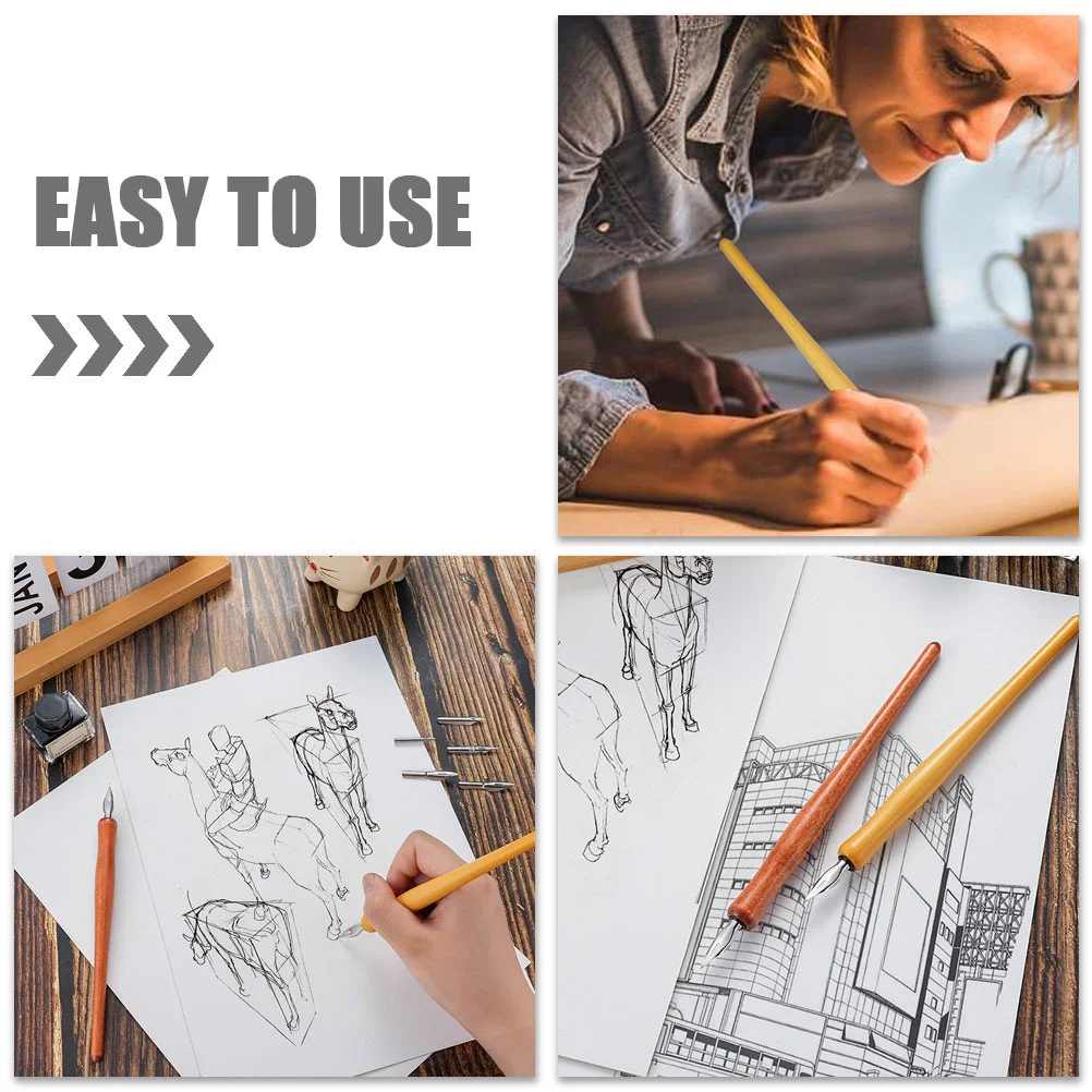 Solid Wood Dip Pen Novelty Calligraphy Painting Convenient Stainless Steel Drawing Unique Multi-function