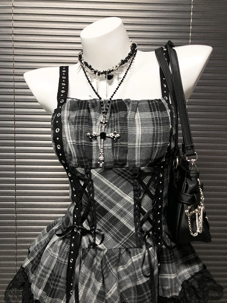 ReddaChic Plaid Goth Lolita Cake Dress Women Retro Eyelet Camisole Lace Trim Ruffle Layering Mini Dress Grunge Summer Clothes