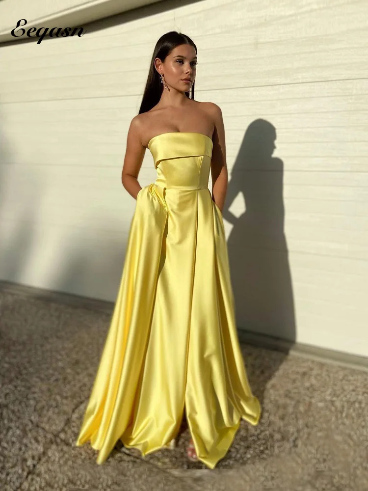 Customized Yellow Satin Evening Gown 2025 Strapless Long A Line Women Prom Dresses Gala Celebrity Formal Gown with Pockets