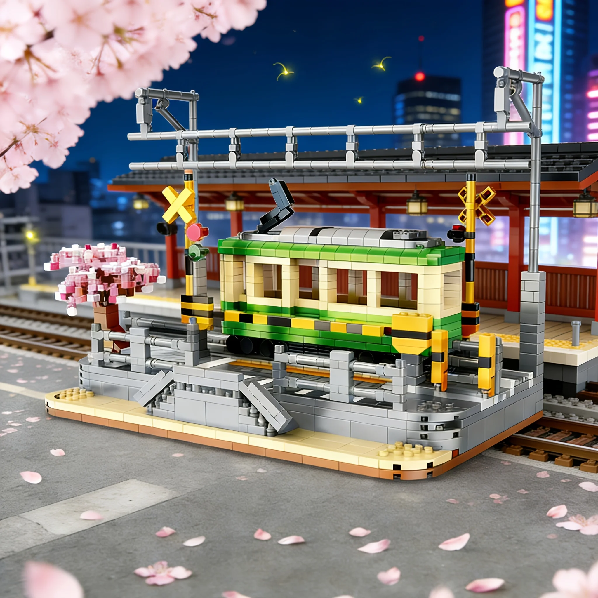 Set de Construcción de Bloques del Edificio de la Estación Sakura, que recrea el momento tranquilo cuando el tren aún no ha llegado y las flores están en plena floración, con cada detalle, desde los tipos de letra del cartel de la estación hasta la direcc