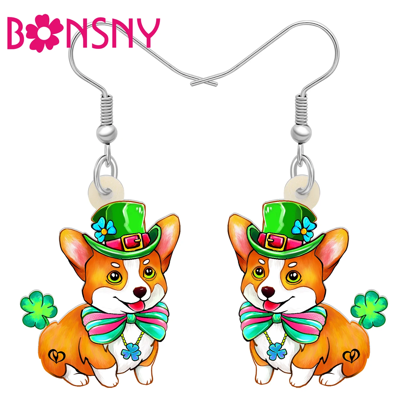 Bonsny Acrylic St Patricks Day Accessories Corgi Earrings Sweet Dog Pet Animals Dangle Drop Fashion Jewelry For Girls Women Gift