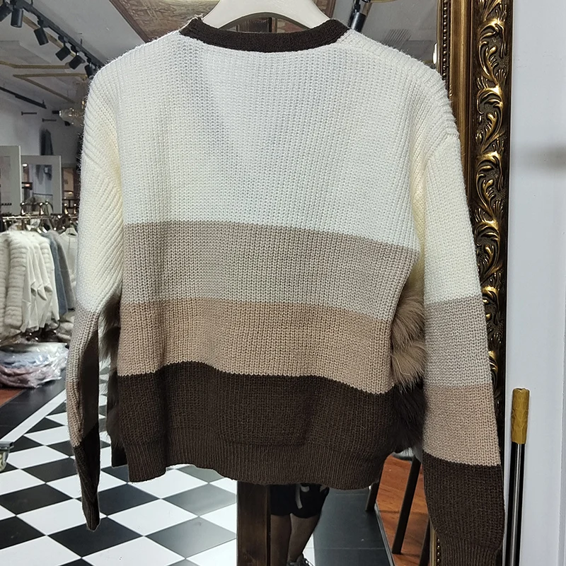 여성 니트 카디건 리얼 폭스 모피 긴 소매 패션 v 넥 가을 니트 패션 여성 카디건 스웨터