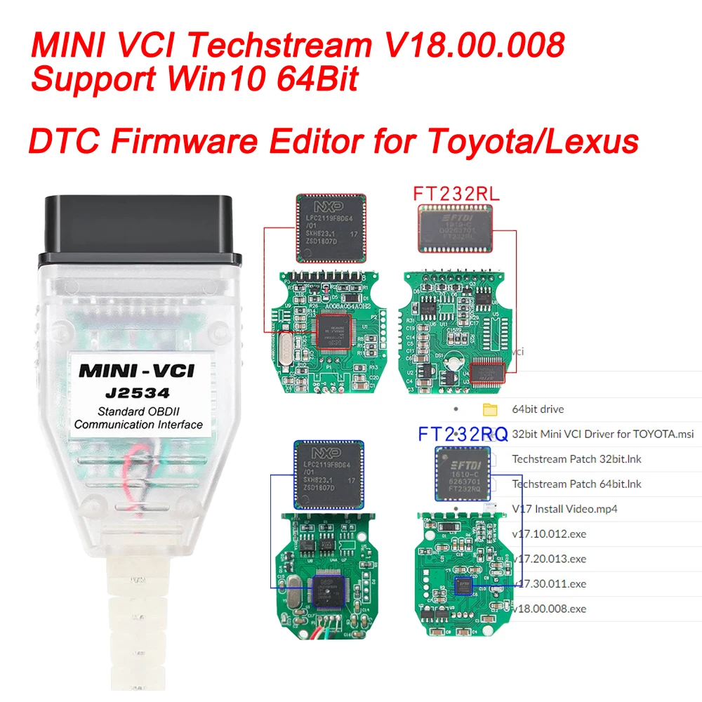 Mini Vci For Toyota TIS Techstream V18.00.008 Software FTDI FT232RL/FT232RQ OBD2 Diagnostic Cable until 2023 for Toyota/Lexus