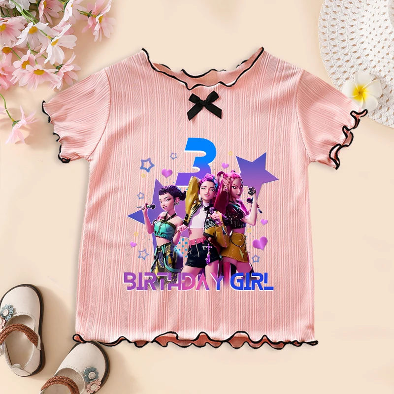 

Kpop Demon Hunters Cute T-shirts with Bow for Girls Anime Cartoon Fashion Short-sleeved Top Children Summer Sweet T-shirt Gifts