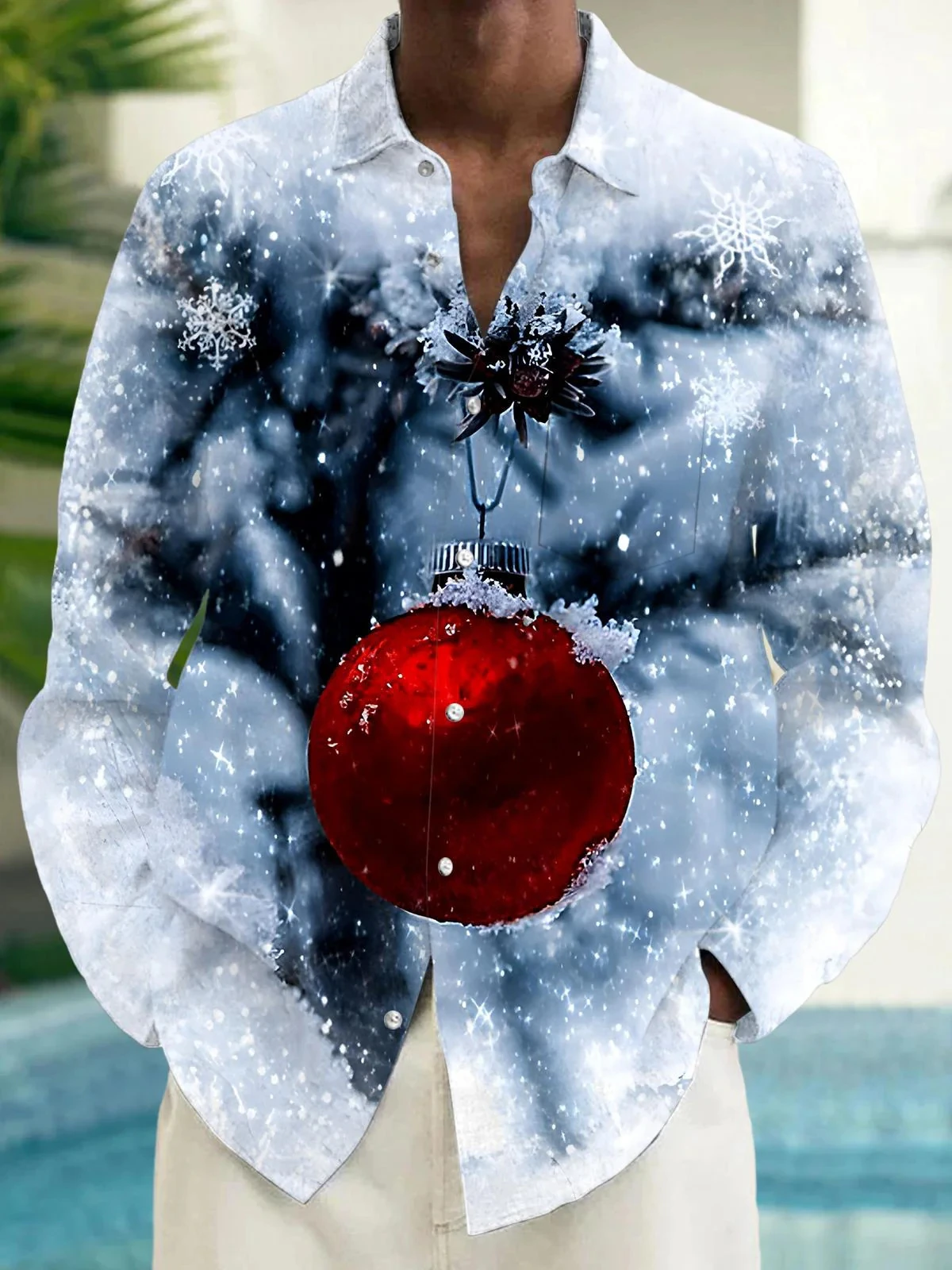Christmas Holiday Men's Long-Sleeve Shirt with Christmas Theme Print, Button Opening, Party Wear, and Everyday Wear