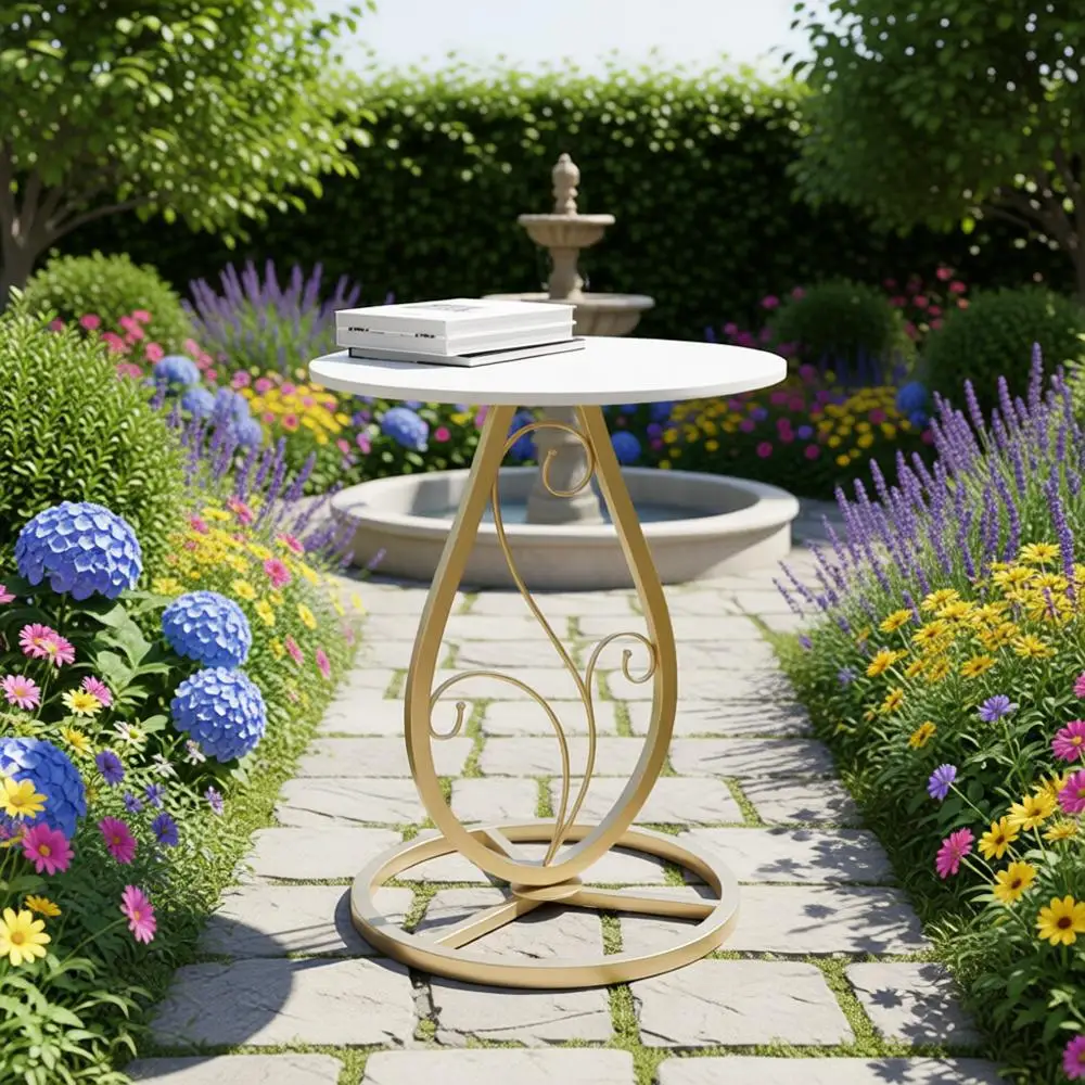 

Round Boho Style Side Table with Natural Marble Top and Minimalist Metal Base for Living Room, Bedroom, or Balcony