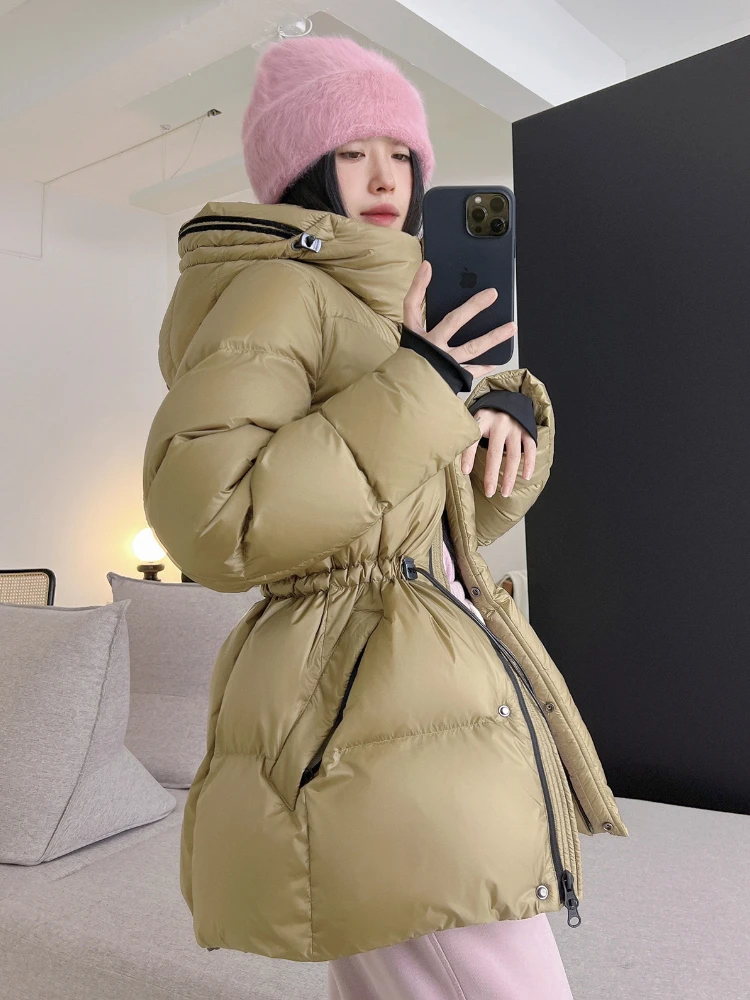 Winter New Stand Collar Thick Down Jacket Women Medium Long Hooded Casual Warm Zipper Drawstring Slim Puffer Jacket Trend Autumn