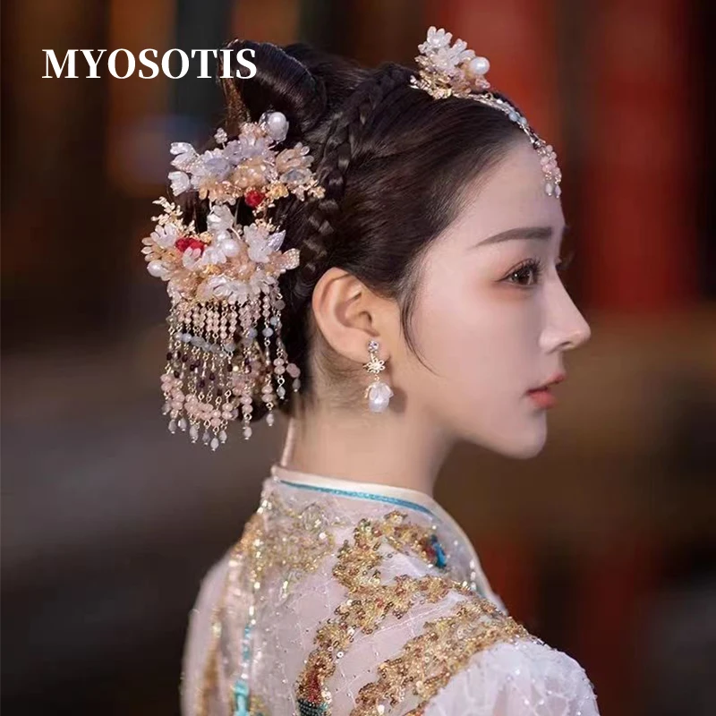 Retro Chinese Classical Style Flower Wedding Hairpins Xiuhe Costume Headpiece Accessories