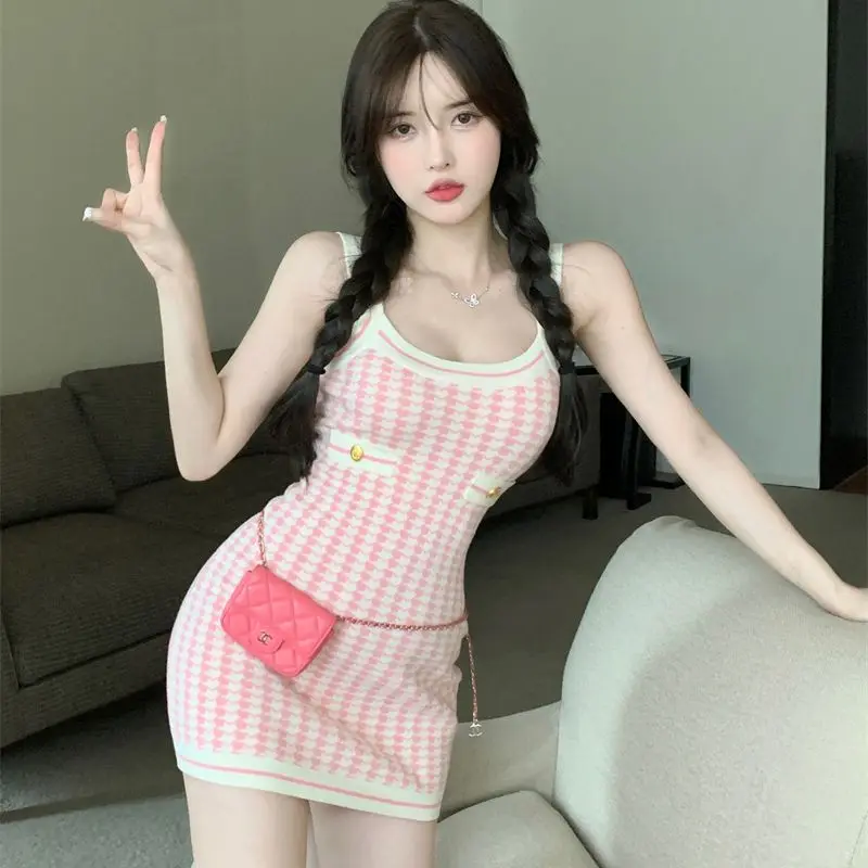 Pink Small Houndstooth Sling Mini Women’s Dress Knit Skirt Striped Pocket Button O-Neck Sleeveless Summer New Cute Fashion Chic