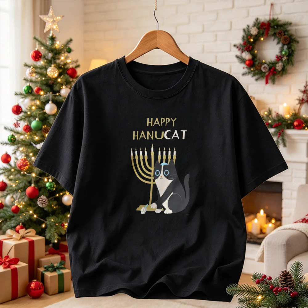 Happy Hanucat Cute Black White Cat Menorah Graphic Print Tee Funny Hanukkah Cat Lover Jewish Festival Holiday Streetwear T-Shirt