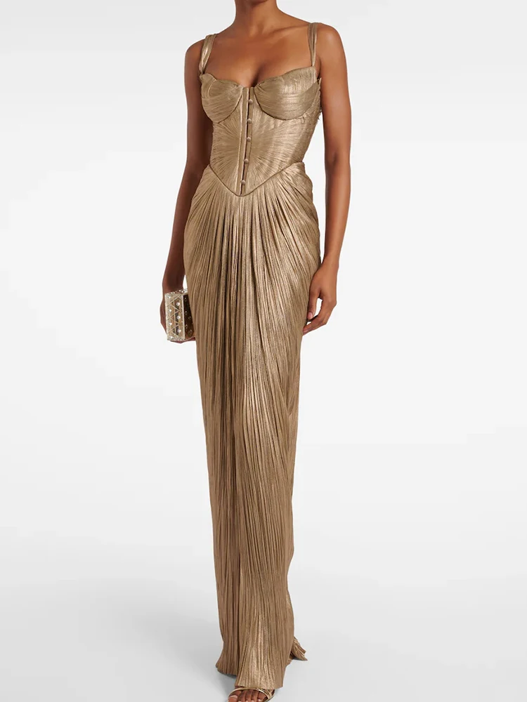 فستان ماكسي أنيق بحزام سباغيتي صيفي للسيدات، فستان حفلات أنيق بدون أكمام برباط للعطلات، فستان أنيق للسيدات لعام 2025 بدون ظهر