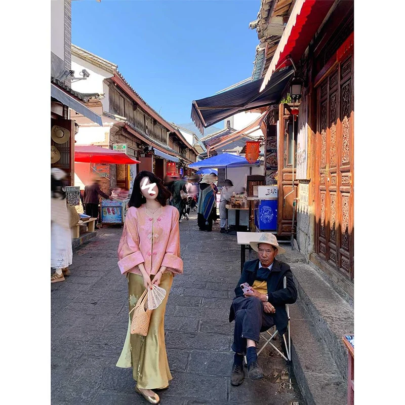 

Новый китайский комплект Sle Faion, женский топ с воротником Ele irt и утягивающая юбка, комплект из двух предметов, V-ne Long Sve