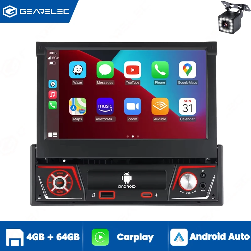 1 Din Autoradio Android 13 7 Zoll Carplay Android Auto Ausfahrbarer Bildschirm Universelles Auto-Multimedia-Videogerät GPS WIFI FM BT