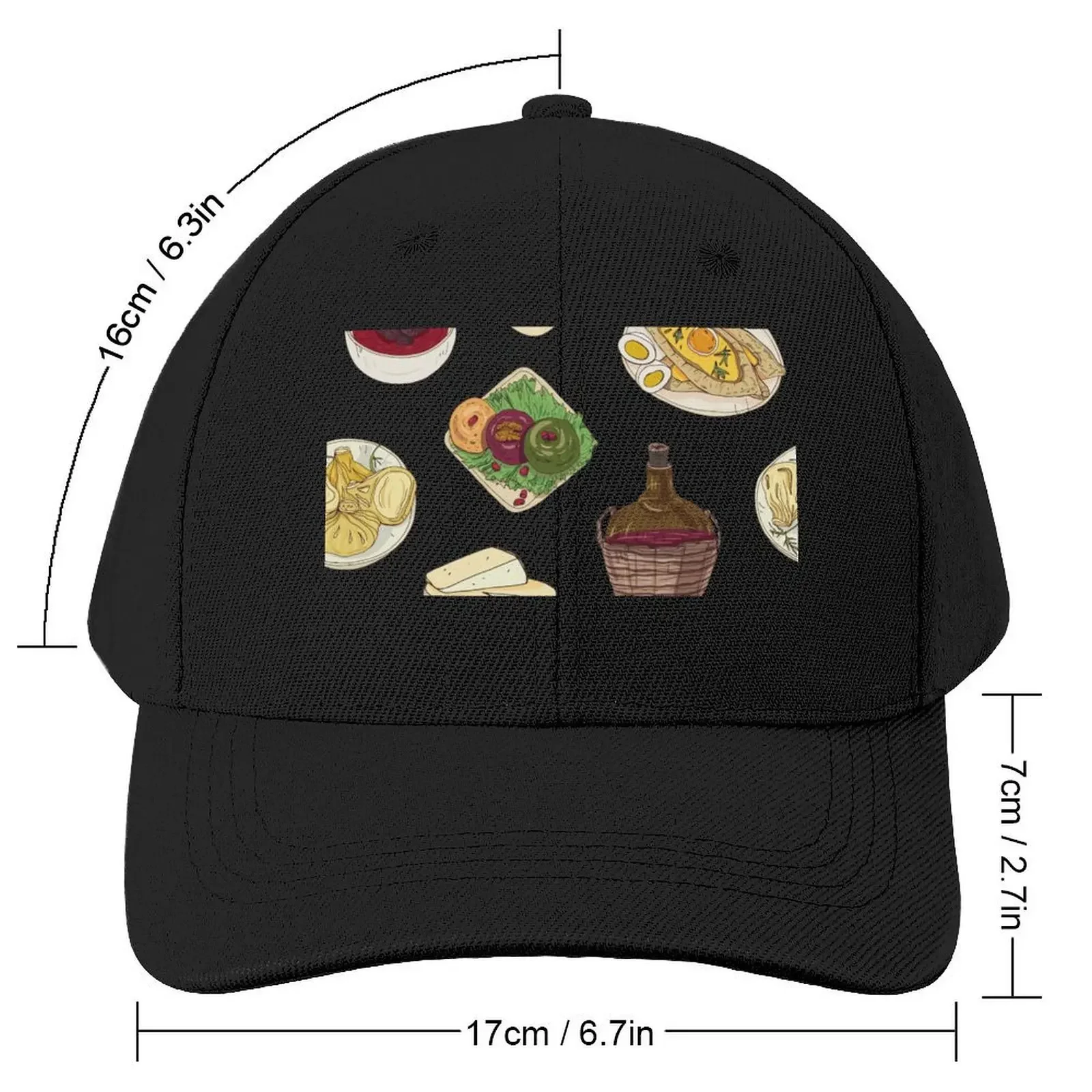 Assorted Georgian Food Pattern - Khachapuri, Khinkali, Badrijani, Dolma, Kharcho, Wine and Cheese Baseball Cap