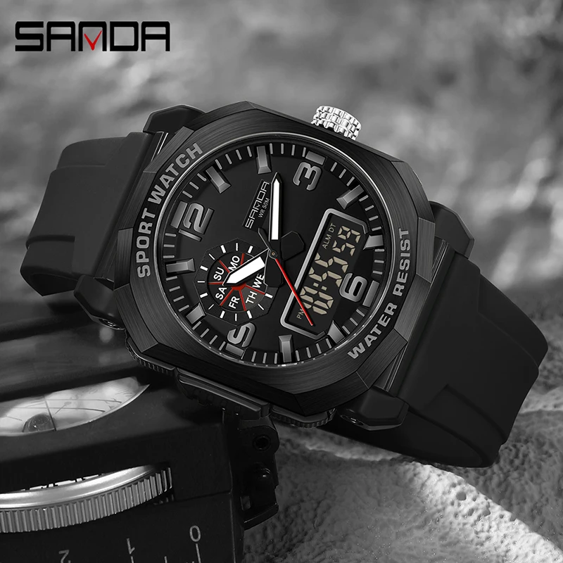 SANDA 3370 Men's Electronic Watch Multifunctional Fashion Trends Outdoors Dual Display Silicone Strap Wristwatch for Teenagers