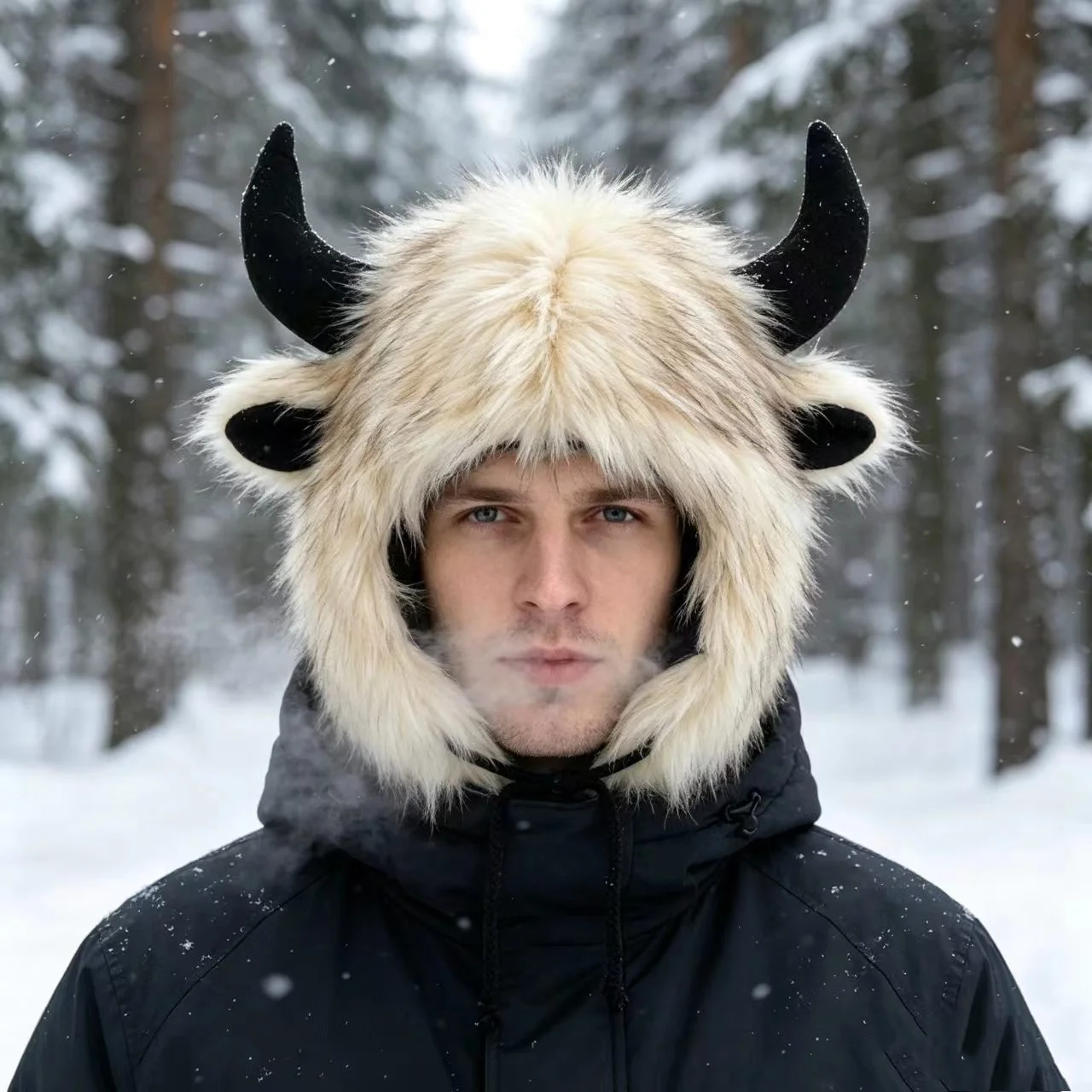 High Quality Unisex Bullhead Hat Thick with Horns Earflap Hat Windproof Fluffy Funny Hat Bomber Hats 4