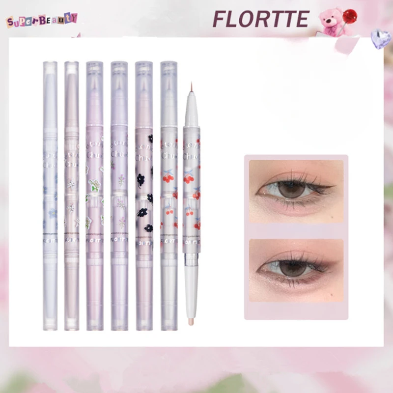 FLORTTE-sombra de ojos de doble cabeza, delineador de ojos, iluminador, brillo para ojos, maquillaje profesional impermeable