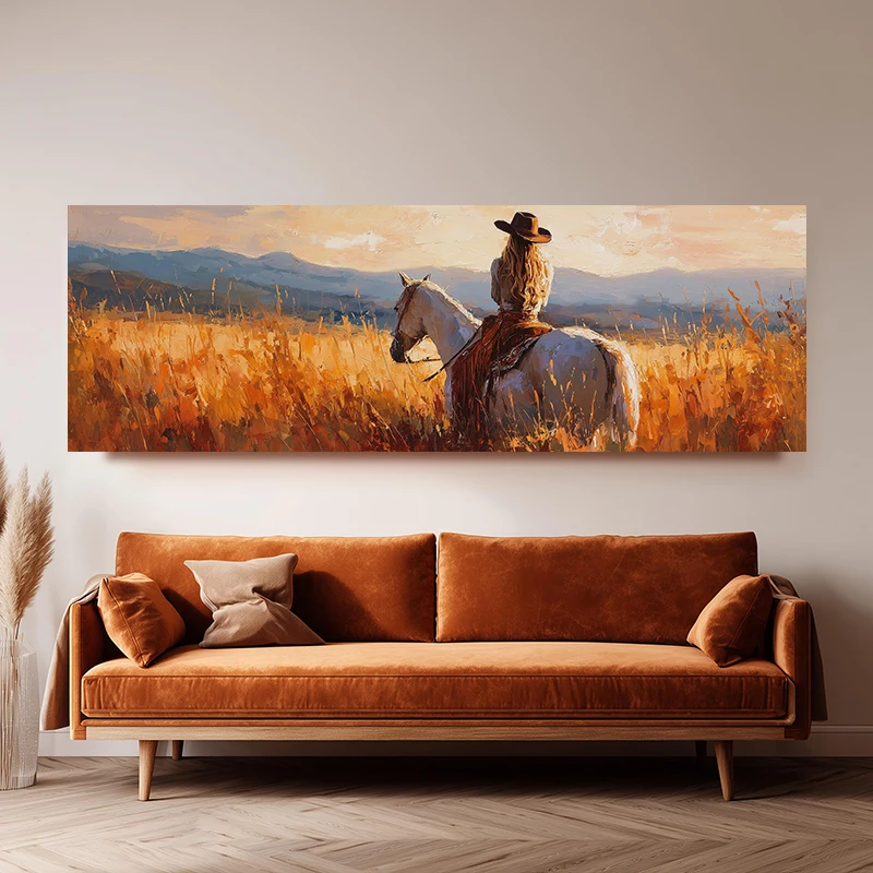 Lone Cowboy Western Sunset Poster Print Rustic Farmhouse Red Barn Canvas Painting Art for Living Room Home Decor Cuadros