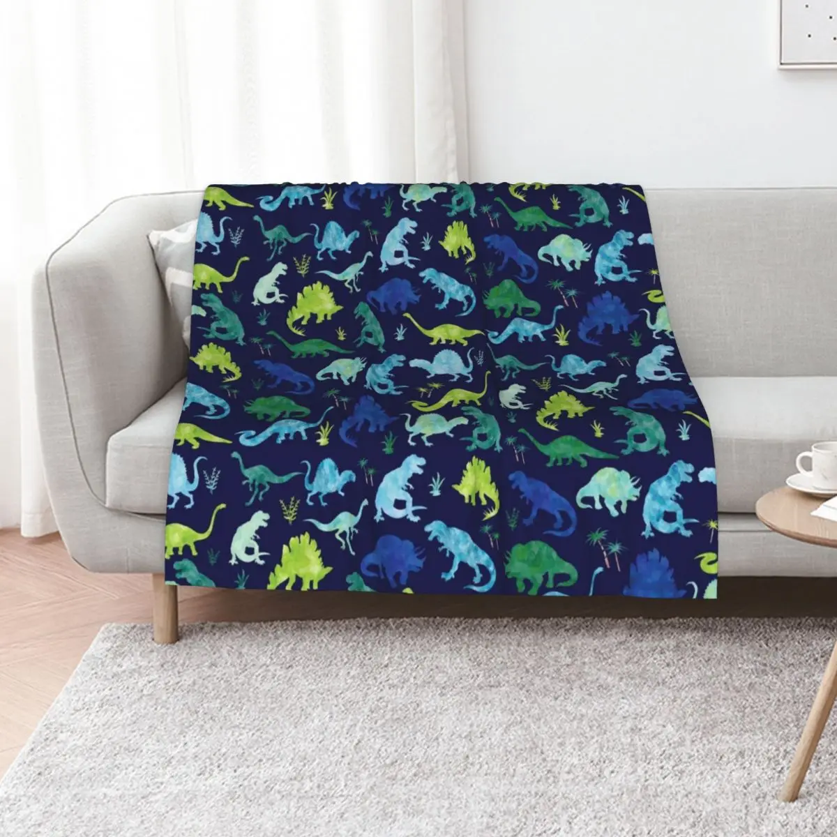 

Watercolor Dinosaur Blues Greens Dino Pattern Throw Blanket Plaid Tourist Soft Plush Plaid Custom Blankets